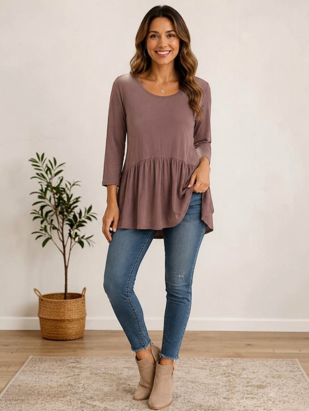 Mauve Bamboo Asymmetrical Tunic Blouse Long Sleeve Flowy Top | L / Relaxed M Fit